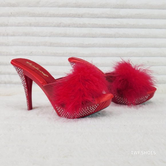 Your Majesty Red Marabou Feather Rhinestone Platform Slip On Slides - Picture 8 of 10